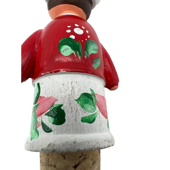 Wine Bottle Stopper Figural Man Wearing Hat w/ Floral Design Wood and Cork 4" - Picture 5 of 6